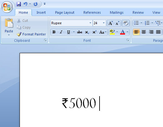 rupee font in Microsoft Word